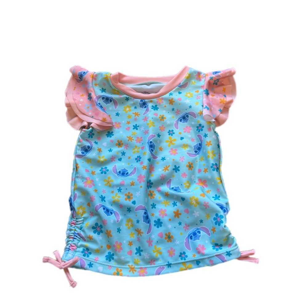 Disney Stitch Rash Guard Kids 5T Blue Pink Excellent Ruffle Sleeve Swim Top